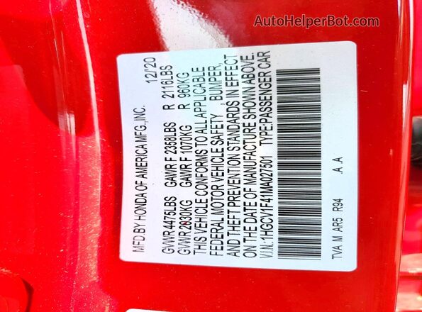1HGCV1F41MA027501 2021 HONDA ACCORD Красный Вид подкапотного пространства