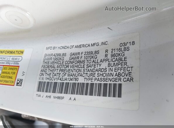1HGCV1F42JA134780 2018 HONDA ACCORD Белый Вид подкапотного пространства