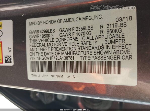 1HGCV1F42JA138781 2018 HONDA ACCORD Gray Widok komory silnika