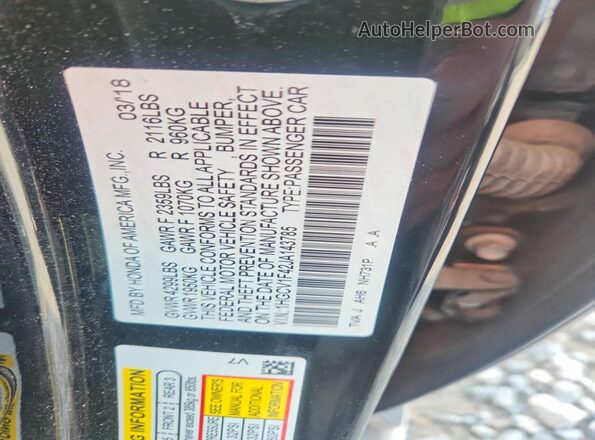 1HGCV1F42JA143785 2018 HONDA ACCORD Black Вид наклейки з VIN-кодом