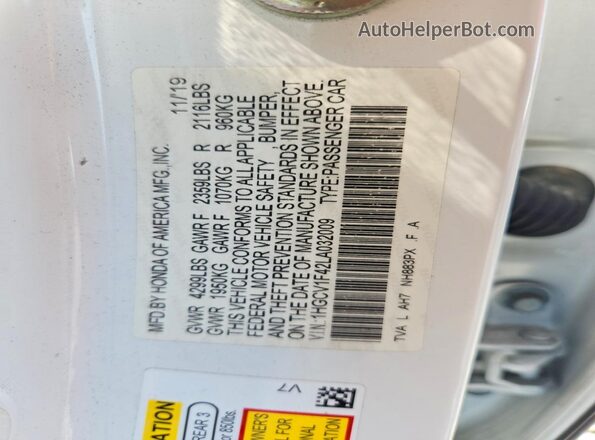 1HGCV1F42LA032009 2020 HONDA ACCORD White ძრავის განყოფილების ხედი