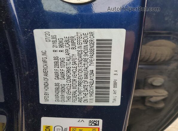 1HGCV1F42LA112944 2020 HONDA ACCORD Blue Vista del compartimento del motor