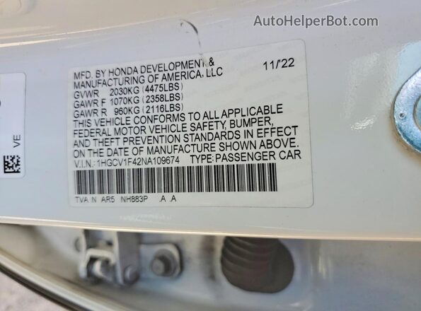 1HGCV1F42NA109674 2022 HONDA ACCORD White Widok komory silnika