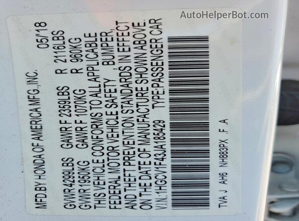 1HGCV1F43JA185429 2018 HONDA ACCORD White Շարժիչի բաժամունքի տեսք