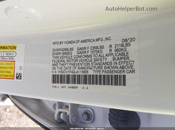 1HGCV1F43LA115805 2020 HONDA ACCORD Белый Вид подкапотного пространства