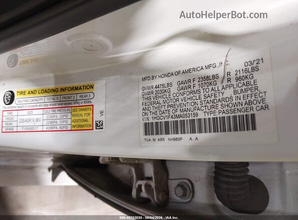 1HGCV1F43MA053159 2021 HONDA ACCORD Белый Вид подкапотного пространства