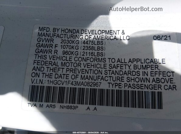 1HGCV1F43MA082967 2021 HONDA ACCORD Белый Вид подкапотного пространства