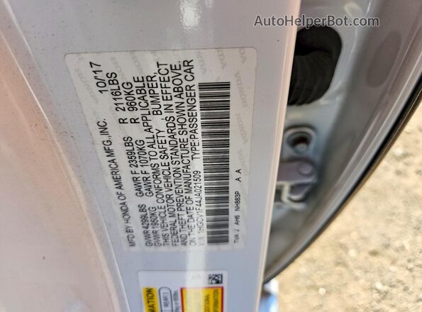 1HGCV1F44JA021509 2018 HONDA ACCORD White Շարժիչի բաժամունքի տեսք