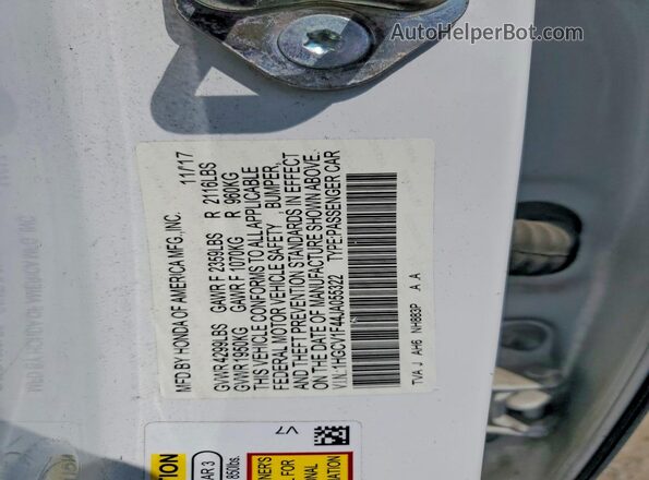 1HGCV1F44JA055322 2018 HONDA ACCORD White Вид наклейки з VIN-кодом