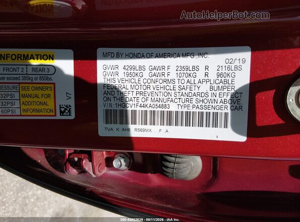1HGCV1F44KA054883 2019 HONDA ACCORD Red Widok komory silnika
