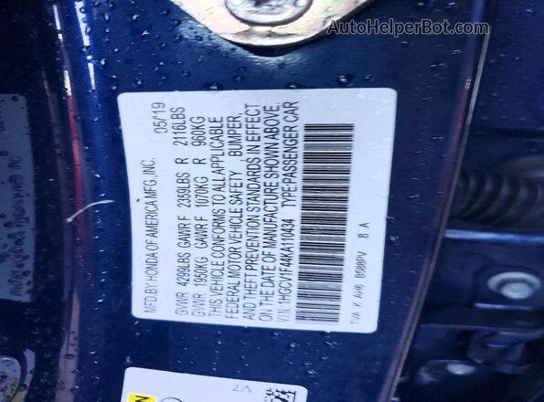 1HGCV1F44KA110434 2019 HONDA ACCORD Blue Շարժիչի բաժամունքի տեսք