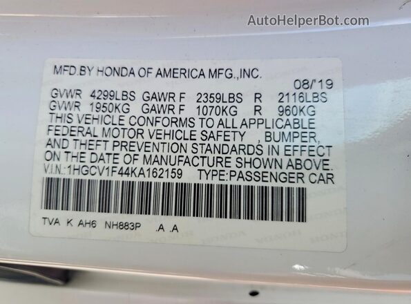 1HGCV1F44KA162159 2019 HONDA ACCORD White Շարժիչի բաժամունքի տեսք