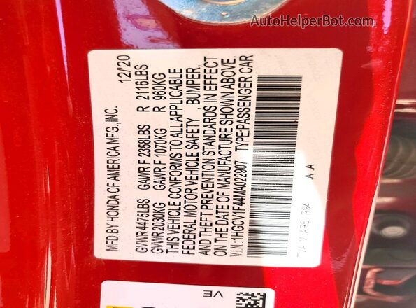 1HGCV1F44MA022907 2021 HONDA ACCORD Красный Вид подкапотного пространства
