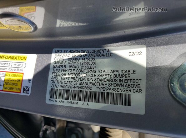 1HGCV1F44NA028692 2022 HONDA ACCORD Серебряный Вид наклейки с VIN-кодом