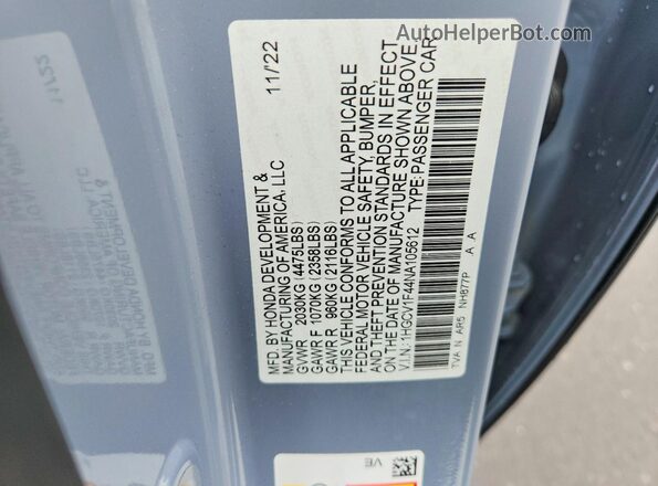 1HGCV1F44NA105612 2022 HONDA ACCORD Blue VIN კოდის სტიკერის ხედი