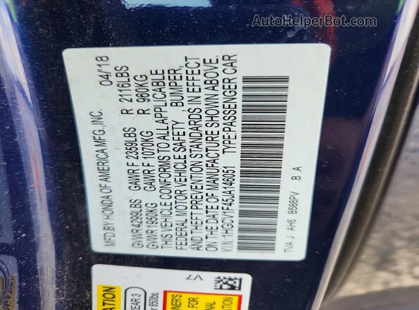 1HGCV1F45JA146051 2018 HONDA ACCORD Blue Vista de la etiqueta del VIN