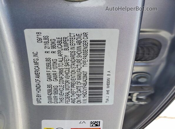 1HGCV1F45JA238437 2018 HONDA ACCORD Серебряный Вид подкапотного пространства