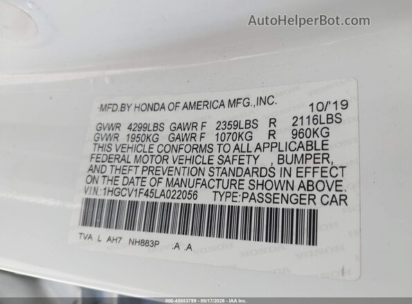 1HGCV1F45LA022056 2020 HONDA ACCORD White Շարժիչի բաժամունքի տեսք