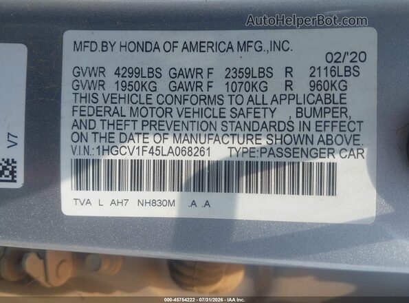 1HGCV1F45LA068261 2020 HONDA ACCORD Серебряный Вид подкапотного пространства
