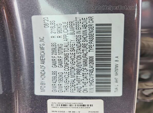 1HGCV1F45LA126806 2020 HONDA ACCORD Gray VIN კოდის სტიკერის ხედი