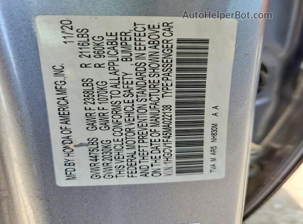 1HGCV1F45MA022138 2021 HONDA ACCORD Silver Vista del compartimento del motor