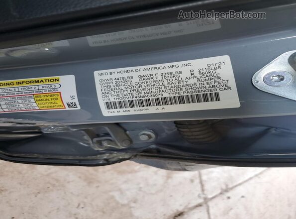 1HGCV1F45MA038078 2021 HONDA ACCORD Gray Vista de la etiqueta del VIN