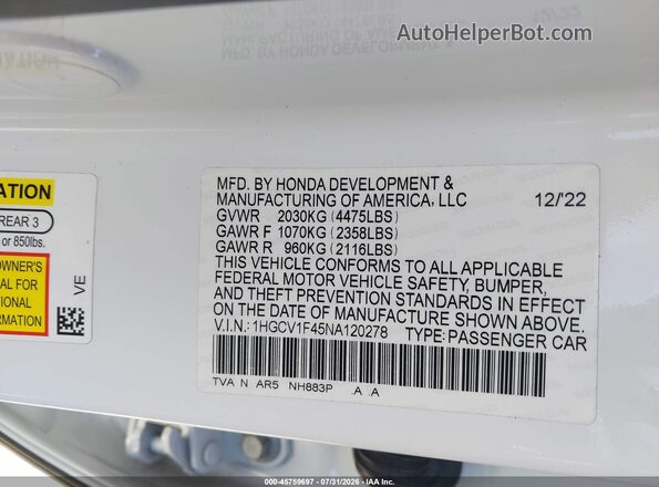 1HGCV1F45NA120278 2022 HONDA ACCORD White Widok komory silnika