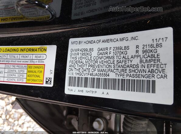 1HGCV1F46JA055564 2018 HONDA ACCORD Black Շարժիչի բաժամունքի տեսք