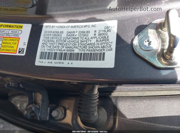 1HGCV1F46JA169564 2018 HONDA ACCORD Gray Շարժիչի բաժամունքի տեսք