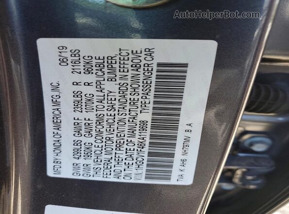 1HGCV1F46KA119698 2019 HONDA ACCORD Gray Widok naklejki z numerem VIN
