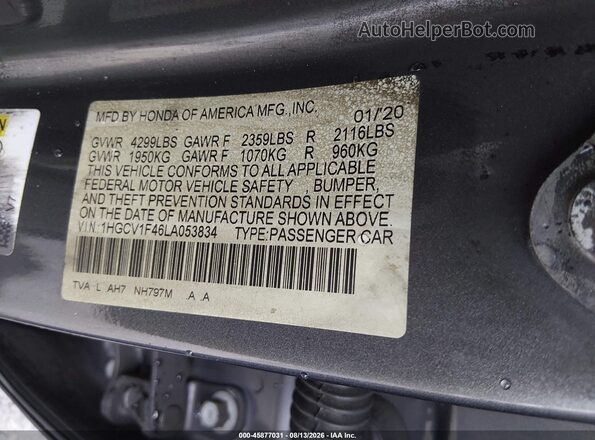 1HGCV1F46LA053834 2020 HONDA ACCORD Gray Շարժիչի բաժամունքի տեսք