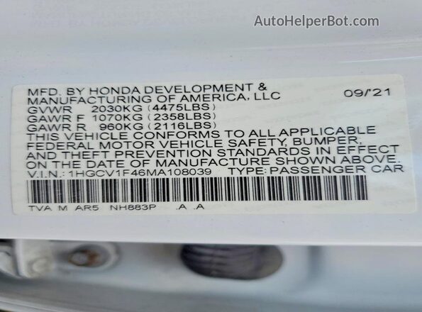 1HGCV1F46MA108039 2021 HONDA ACCORD White Vista del compartimento del motor