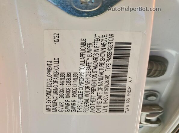 1HGCV1F46NA087985 2022 HONDA ACCORD White Widok komory silnika