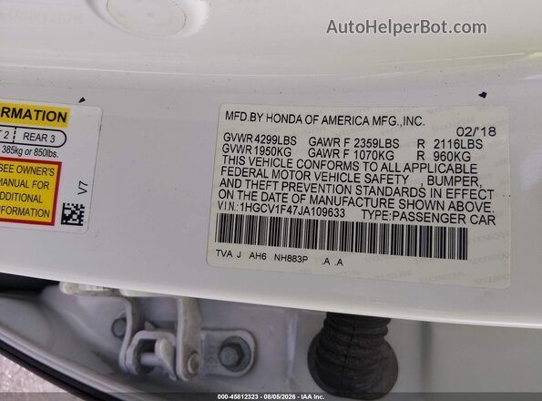 1HGCV1F47JA109633 2018 HONDA ACCORD White Widok komory silnika