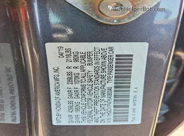 1HGCV1F47KA080040 2019 HONDA ACCORD Gray Engine compartment view