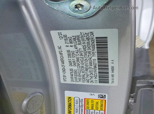 1HGCV1F47MA027115 2021 HONDA ACCORD Silver Vista del compartimento del motor