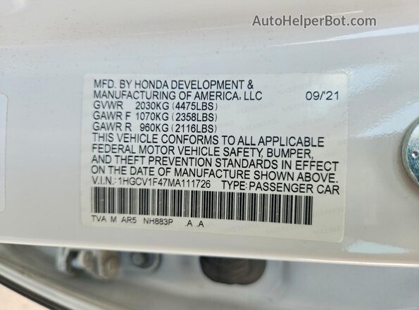 1HGCV1F47MA111726 2021 HONDA ACCORD White Շարժիչի բաժամունքի տեսք