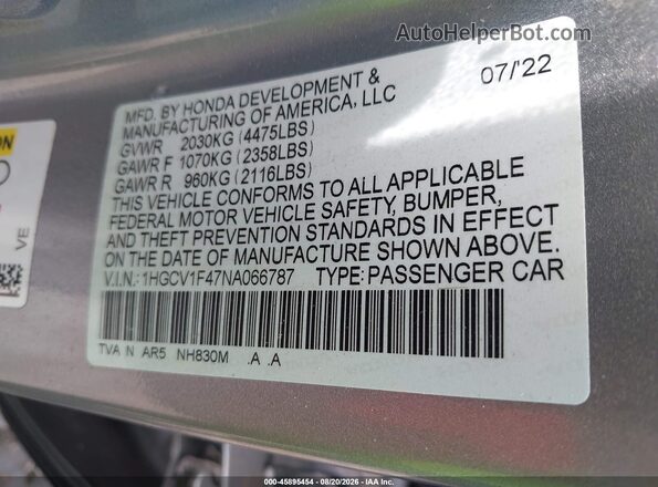 1HGCV1F47NA066787 2022 HONDA ACCORD Silver Widok komory silnika