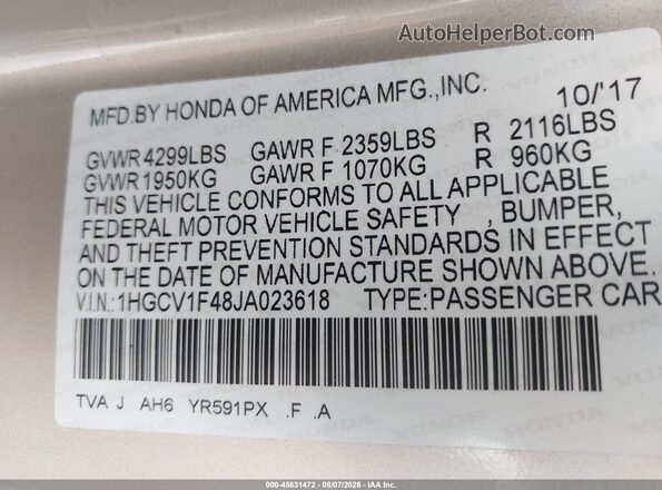 1HGCV1F48JA023618 2018 HONDA ACCORD Gold Շարժիչի բաժամունքի տեսք
