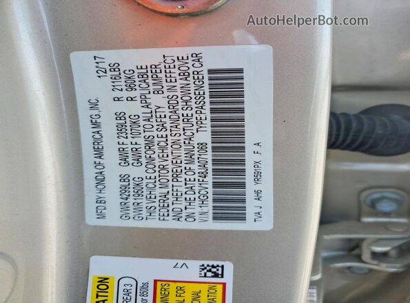 1HGCV1F48JA071068 2018 HONDA ACCORD Beige Вид підкапотного простору