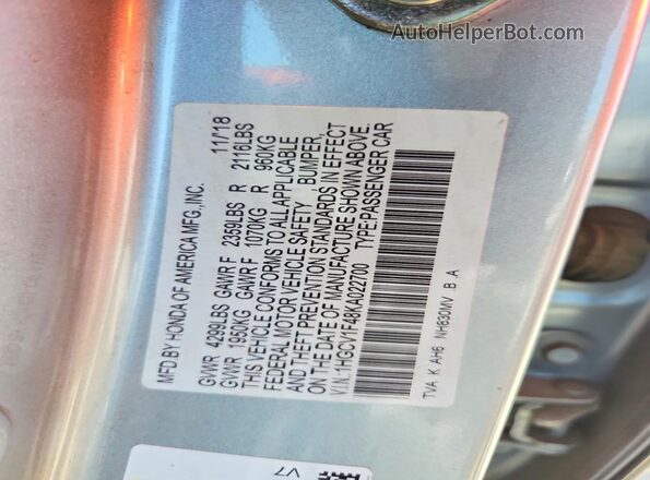 1HGCV1F48KA022700 2019 HONDA ACCORD Silver Widok naklejki z numerem VIN