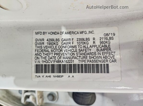 1HGCV1F48KA162231 2019 HONDA ACCORD White 