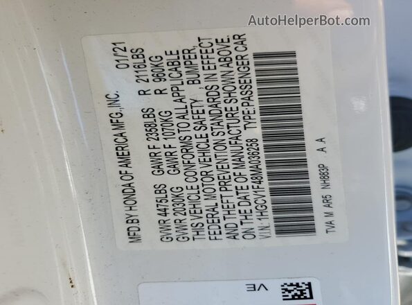 1HGCV1F48MA036258 2021 HONDA ACCORD White Շարժիչի բաժամունքի տեսք