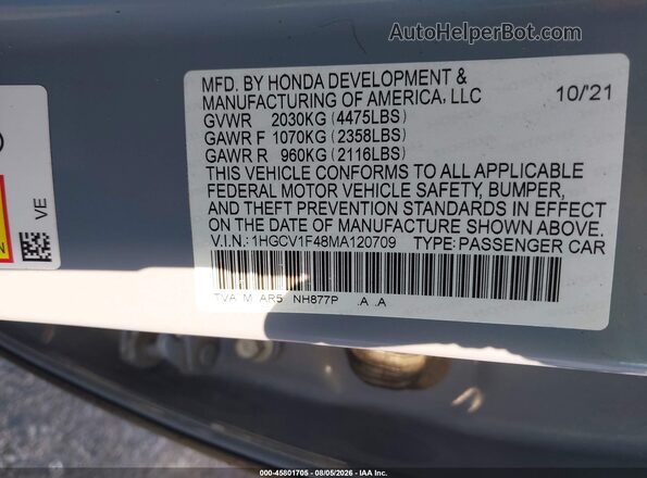 1HGCV1F48MA120709 2021 HONDA ACCORD Gray Widok komory silnika