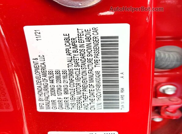 1HGCV1F48NA004248 2022 HONDA ACCORD Red VIN კოდის სტიკერის ხედი