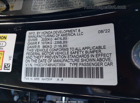 1HGCV1F48NA073554 2022 HONDA ACCORD Black Widok komory silnika