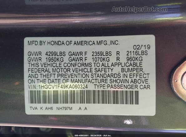 1HGCV1F49KA060324 2019 HONDA ACCORD Gray Vista del compartimento del motor