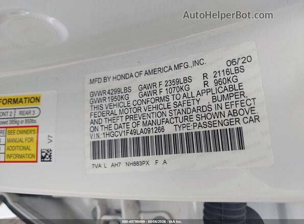 1HGCV1F49LA091266 2020 HONDA ACCORD White Շարժիչի բաժամունքի տեսք