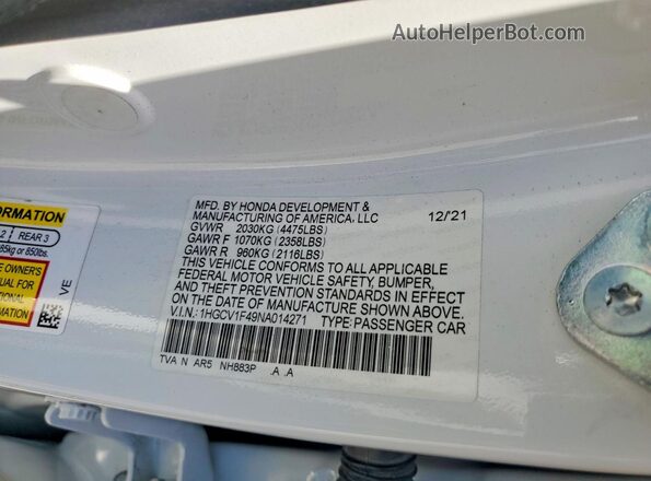 1HGCV1F49NA014271 2022 HONDA ACCORD White Engine compartment view