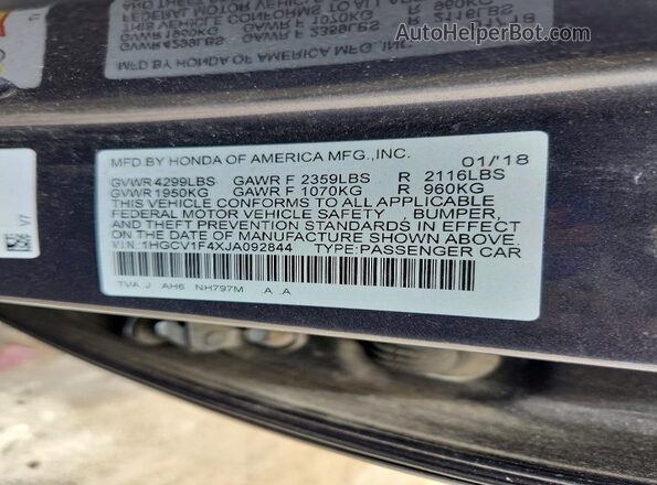 1HGCV1F4XJA092844 2018 HONDA ACCORD Gray VIN կոդի պիտակի տեսք